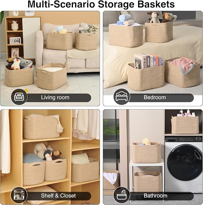 ICERZCZ Storage Baskets for Organizing & Shelves, Woven Cotton Rope Organization Bins for Dog Toys, Clothes, Books, Nursery Organizer, 15"Lx11''Wx9.5''H, (4 Packs) Brown - Image 5