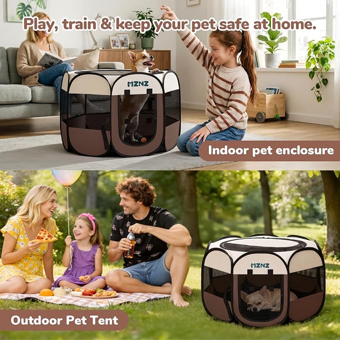 Dog Cat Small Animal Puppy Playpen Crate, Small, Brown | Portable Pop Up Pet Cage Enclosure Tent Kennel Indoor Outdoor with Carrying Case, No Assembly, Camping Use - Image 5