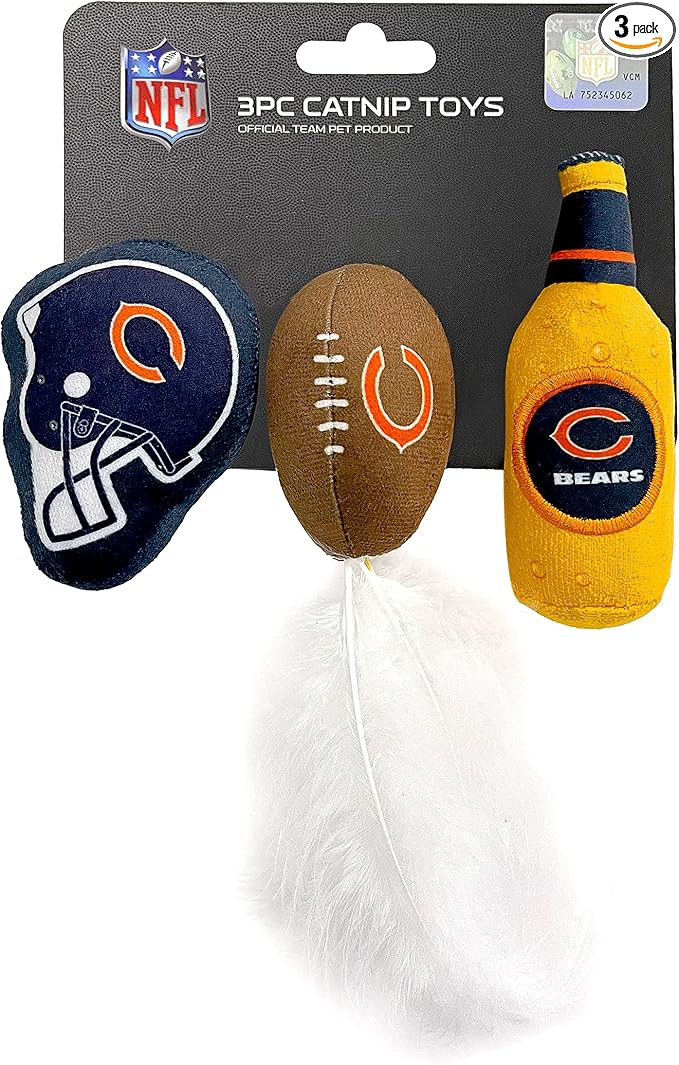 Best Plush CAT Toy - NFL Chicago Bears Complete Set of 3 piece Cat Toys Filled with Fresh Catnip. Includes: 1 Helmet Cat Toy, 1 Football Cat Toy with Feathers & 1 Beer Bottle. Beautiful Team Logos by PETSFIRST