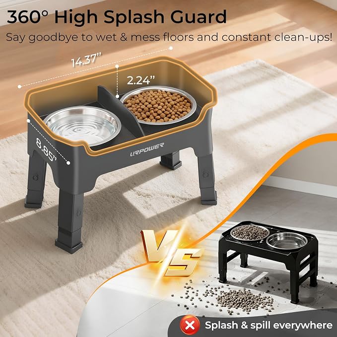 URPOWER Mess Proof Elevated Dog Bowls, Splash Guard Raised Bowl Stand | 4 Adjustable Heights, 2 Stainless Steel Bowls, Food & Water Separation, Non-Slip Base, Foldable Design for Small Dogs - Image 4