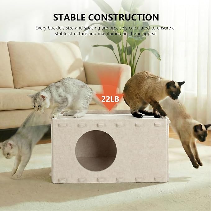Cat House for Indoor Cats, Scratch Resistance Cat Cave Bed, Felt Peekaboo Cat Hideaway for Large & Multiple Cats Up to 22Lbs, Cream - Image 4