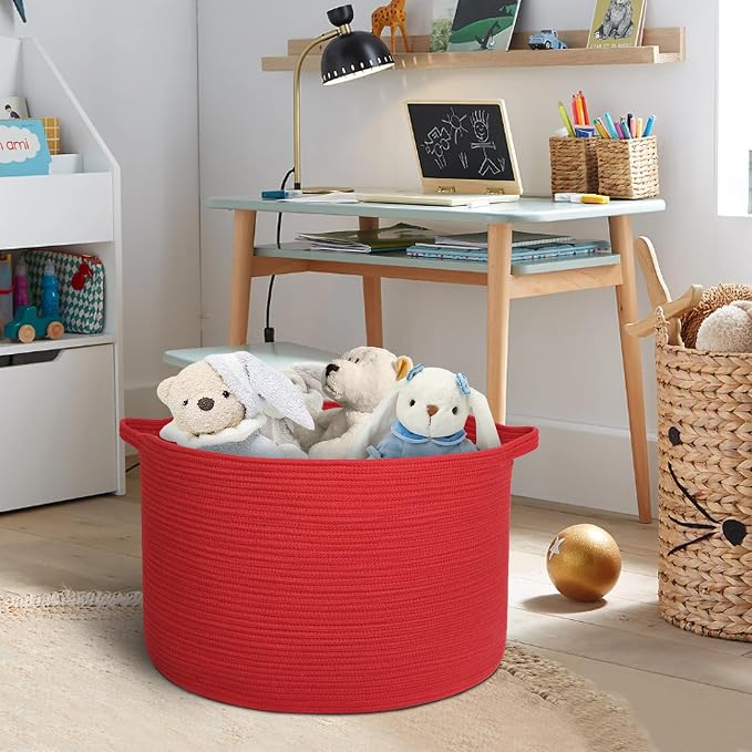 MEGASKET Extra Large Red Basket for Organizing, 22" X 22" X 14" Woven Cotton Rope Bins for Blankets, Baby Nursery Wicker Laundry Basket, Kids Dog Toy Storage Box, Big Red Living Room Decor Organizer - Image 4