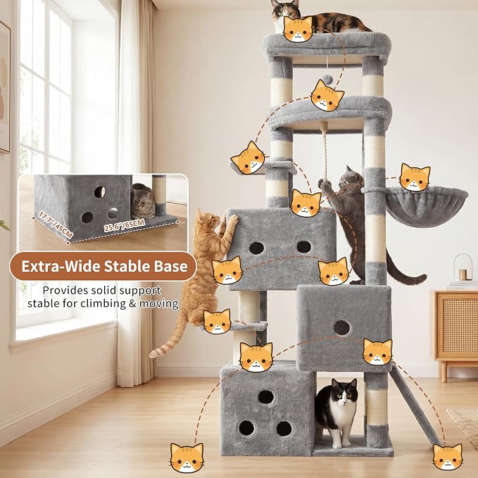 Heybly Cat Tree, 74-Inch Streamlined Cat Tower for Large Cats HCT061W | Cat Furniture with 3-Tier Stacked Condos, Large Perch, Sturdy Base, Full Sisal Scratching Posts & Ramp, Light Gray - Image 5