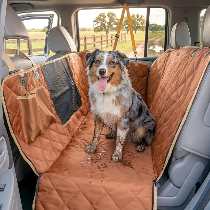 56"Wx60"L Dog Car Seat Cover for SUV & Truck, Heavy Duty 900D Waterproof Pet Hammock with Mesh Window, Odorless Scratchproof Backseat Protector for Large Dogs, Fit Model Y, F-150, RAV4 - Brown - Image 2
