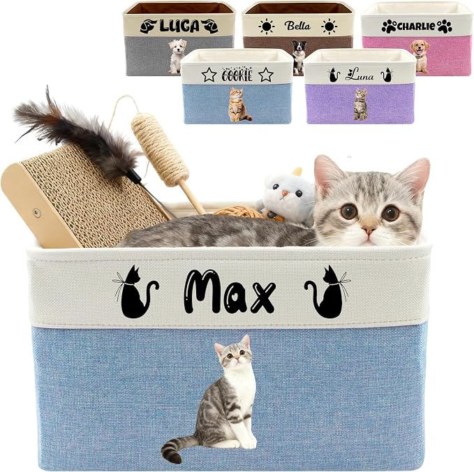 Customized Pet Toy Storage Basket - Personalized Dog & Cat Toy Organizer with Name, Foldable & Durable Fabric Bin for Pet Supplies, Organizer for Toys, Coats, Clothing, Blankets Blue by Unknown