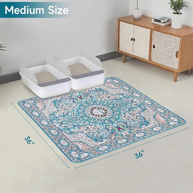 Cat Litter Mat, Reusable Kitty Litter Trapping Mat 2 PCs, 36"x36" Washable Litter Mats for Cats, Waterproof & Non-Slip Compatible with Cat Box (Lake Blue Medallion, 36"x36"(2 PCS)) - Image 2