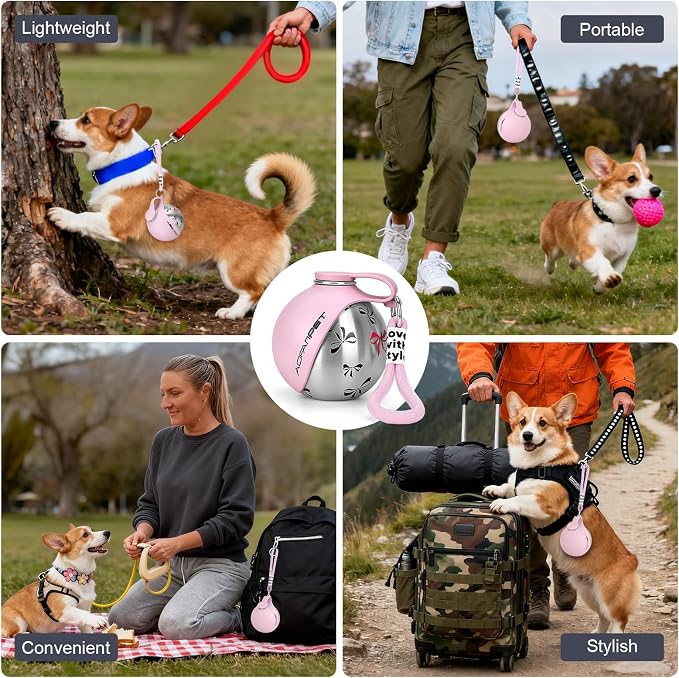 Portable Dog Water Bottle 10oz Stainless Steel Travel Dog Water Dispenser with Bowl No-Spill Puppy Water Bottle for Walking Hiking Small Dog Water Bottle (Pink Bow Print) - Image 4