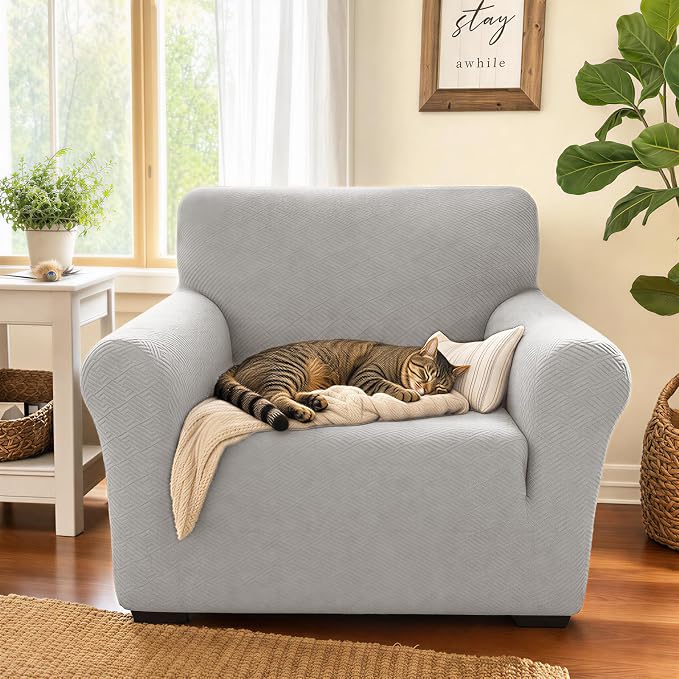 XINEAGE Stretch Jacquard Armchair Cover, Non Slip Sofa Slipcover for Dog | High-Stretch Fabric. Wear-Resistant, Pet Friendly. Easy Install & Washable for Living Rooms, Offices.Sliver Gray - Image 3