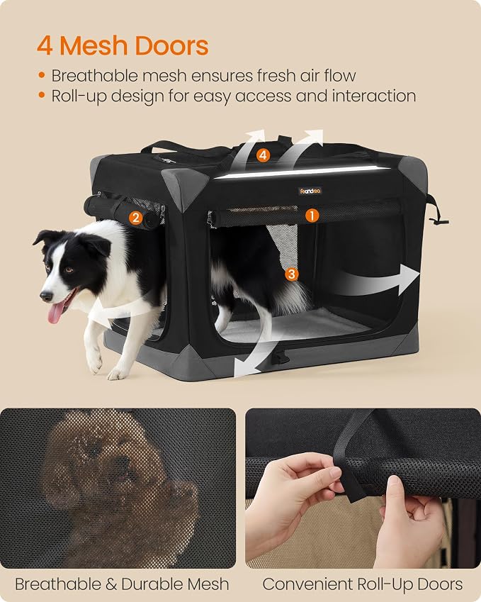 Feandrea Collapsible Dog Crate, Portable Oxford Fabric Pet Travel Crate with 4 Mesh Doors, Handles, Pocket, 30 Inches, for Medium Dogs, Ink Black and Dove Gray UPDC027BH01 - Image 4