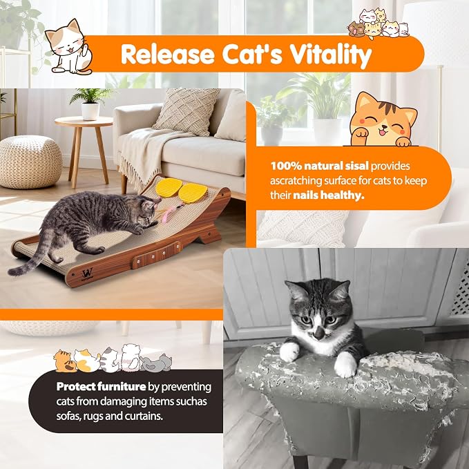 Sisal Cat Scratcher Bed, Natural Solid Wood Scratch Lounger, No Mess Scratching Chair Couch for Indoor Cats, 26 Inch Cat Scartching Pad, 3 in 1 Scratching Board, Furniture Protector - Image 5