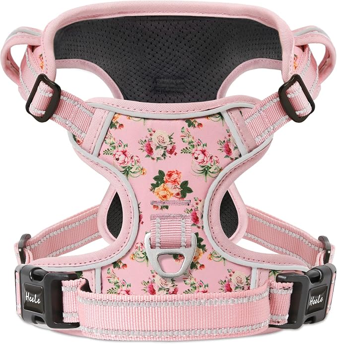 HEELE Dog Harness, No Pull Adjustable Padded Reflective Harness for Small Medium Large Dogs with Handle for Walking Training, Flower-Pink, L | Reflective Front Clip Vest with Control Handle, No Choke, Adjustable 2 Metal Rings for Outdoor Walking Training by HEELE