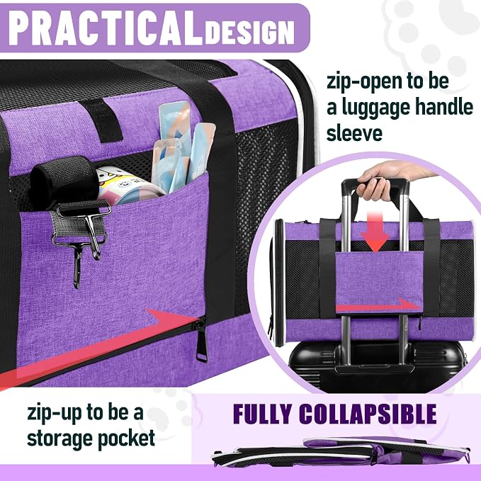 GAPZER Large Cat Carrier Soft, Collapsible Travel Pet Carry Bag, Small Dogs | Large Cats up to 20 lbs+ Maine Coon, Top Load Transport Small Puppy Dog Crate, Chihuahua Mini Dog 10lbs, Sturdy Fabric Pueple - Image 3