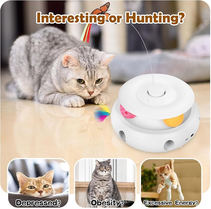 3-in-1 Interactive Cat Toy for Indoor Cats, White | Rechargeable Automatic, Fluttering Butterfly, Moving Feather, Smart Sensor 6 Holes Whack-A-Mole, Track Balls - Image 2