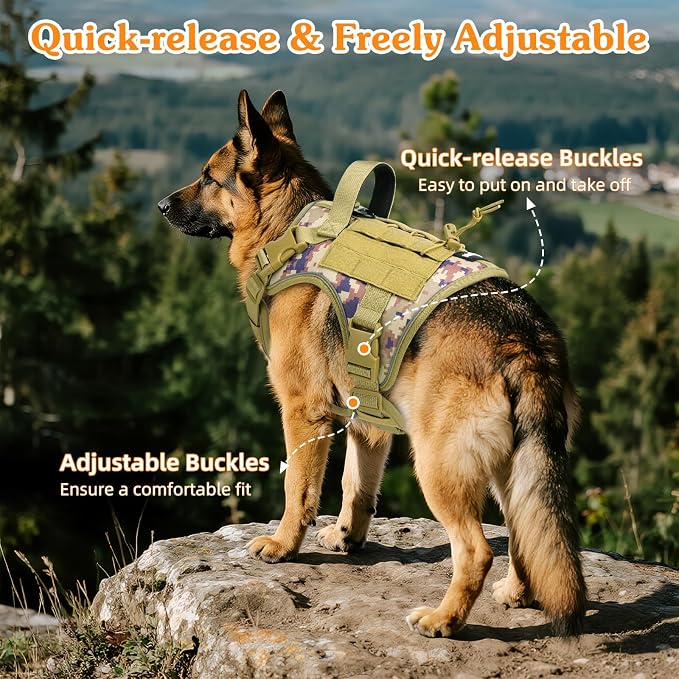 VavoPaw Heavy Duty Tactical Dog Harness for Large Dogs, No Pull Adjustable Pet Harness Reflective Service Training Easy Control Pet Vest Military K9 Working Dog Harnesses, Desert Camouflage, L | Pet Harness Reflective Service Training Easy Control Pet ... - Image 4