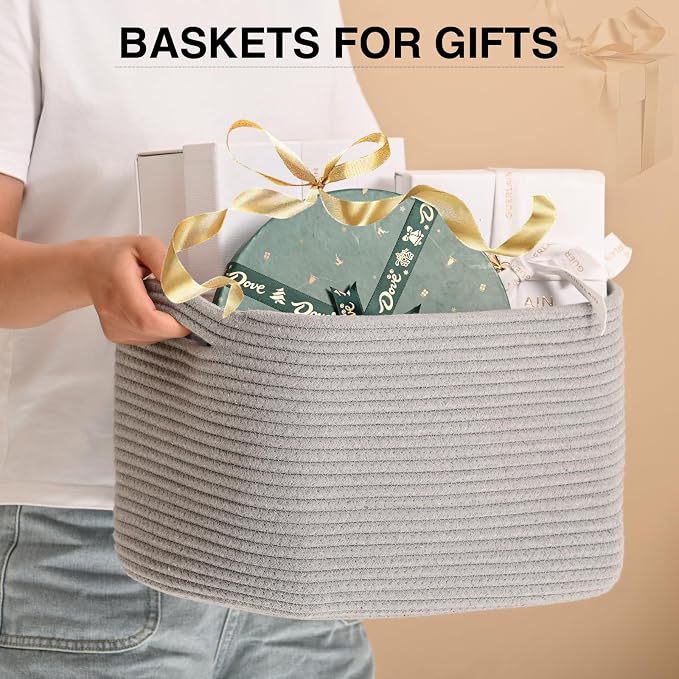 ICERZCZ Woven Cotton Rope Storage Basket for Organizing, Cute Decorative Baskets for Gifts Empty, Organizer Bins for Dog Toy, Baby Laundry, 15“×11”×9.5“, Light Grey - Image 3