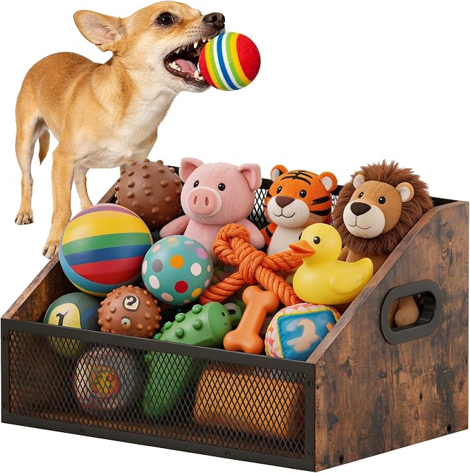 Piskyet Wood Dog Toy Bin, Dog Toy Box(Rustic Brown) | Wood Dog Toy Basket,Dogs Storage Organizer, Large Cat Toys Basket Box for Living Room Area Wooden Organizing Storage by Piskyet