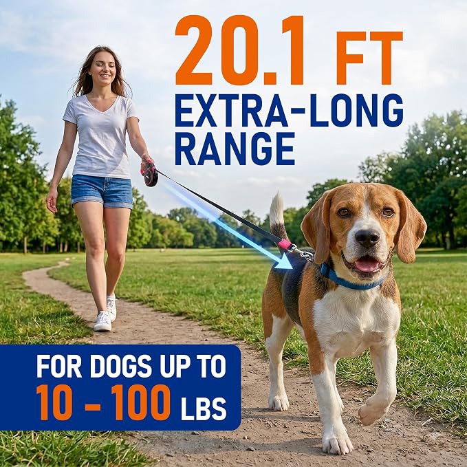 20.1 ft Retractable Dog Leash for Dogs 10–100 lbs - Heavy Duty Tape Leash with Strong Nylon Tape - 360° Swivel Control - One-Click Brake & Lock - Ergonomic Non-Slip Grip for Safe & Easy Daily Walks PK - Image 2