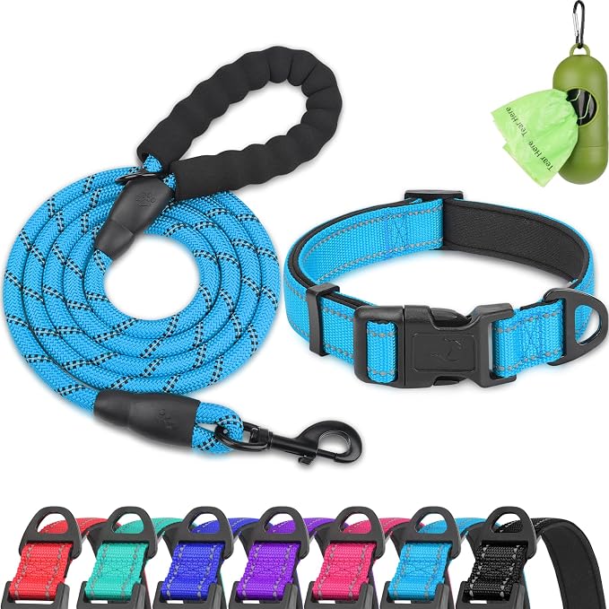 Dynmeow Reflective Dog Collar and Leash Set for Small Dogs, Blue | Soft Neoprene Padded, 6FT Climbing Rope, Ideal for Daily Outdoor Walking or Indoor Wearing, Night Visible for Safety by Dynmeow