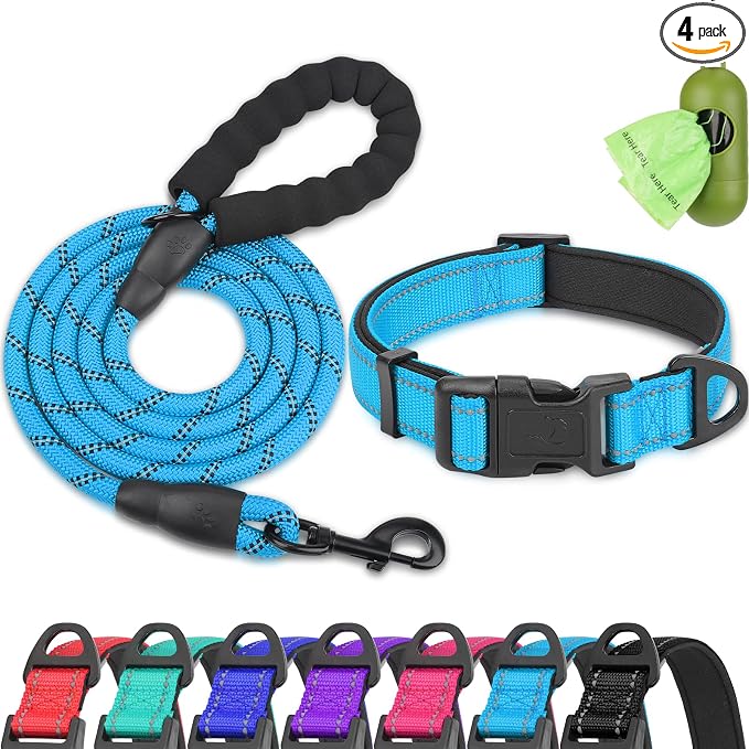 Dynmeow Reflective Dog Collar and Leash Set for Large Dogs, Blue | Soft Neoprene Padded, 6FT Climbing Rope, Ideal for Daily Outdoor Walking or Indoor Wearing, Night Visible for Safety by Dynmeow