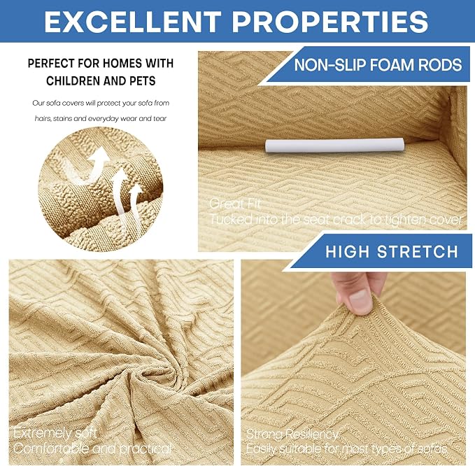XINEAGE Stretch Jacquard Loveseat Cover, Non Slip Sofa Slipcover for Dog | High-Stretch Fabric. Wear-Resistant, Pet Friendly. Easy Install & Washable for Living Rooms, Offices.Beige - Image 5