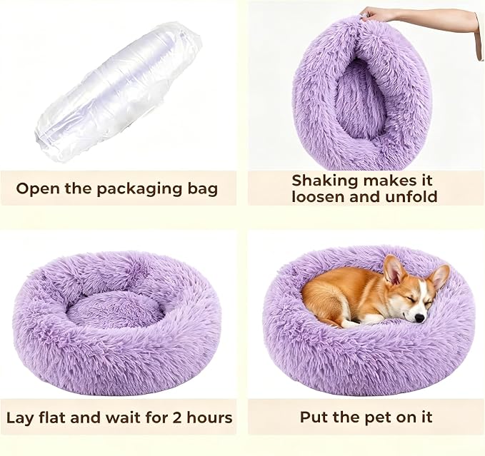 Calming Donut Dog and Cat Bed for Indoor Cats, Anti-Anxiety Round Fluffy Soft Washable Small Pet Bed for Puppy and Kitten, Warming Comfortable Luxury Anti-Slip Waterproof Mute Base 20in Purple - Image 7