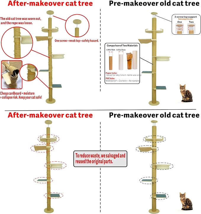 Floor to Ceiling Cat Scratching Post Tree, Adjustable Height 40in-120in Tall PVC Cat Climbing Pole, Sturdy Cat Activity Tower for Indoor Cats to Climb, Scratch & Play - Image 5