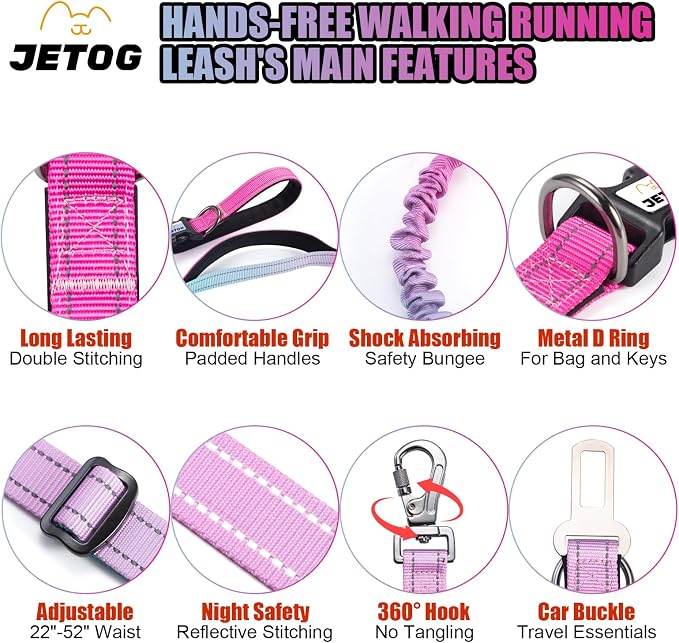 Heavy Duty Hands Free Dog Leash, 5-7 FT Reflective Adjustable Waist Dog Leash Belt with Padded Handles, Shock Absorbing Bungee and Car Seat Belt for Large Medium Dogs (Gradient Pink, XL) - Image 3