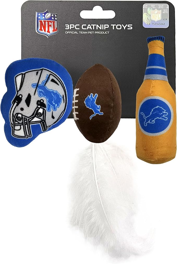 Best Plush CAT Toy - NFL Detroit Lions Complete Set of 3 piece Cat Toys Filled with Fresh Catnip. Includes: 1 Helmet Cat Toy, 1 Football Cat Toy with Feathers & 1 Beer Bottle. Beautiful Team Logos by PETSFIRST