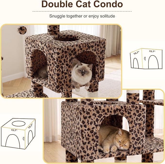 Heybly Cat Tree, 76-Inch Tall Heavy Duty Cat Tower for Big Cats HCT039BW | Multi-Level Large Cat Furniture with Extra Wide Baseboard, 2 Condos & 2 Hammocks, 10 Scratching Posts, Leopard Print - Image 4