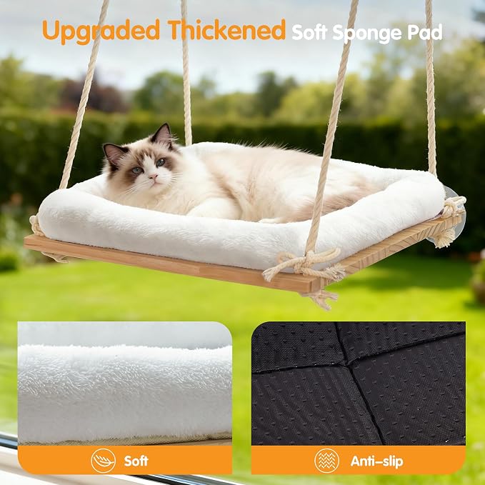 Cat Window Perch Hammock with Solid Wood Seat & Plush Cushion | 4 heavy-duty suction cups, comfortable indoor cat bed & perch, sturdy wooden window seat, space-saving cat hammock - Image 5