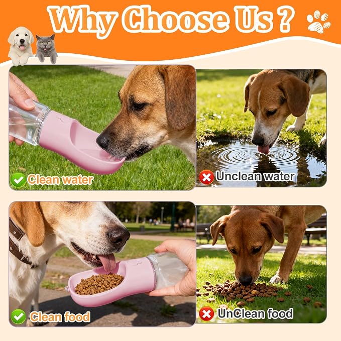 Portable Dog Water Bottle with Food Container, Pink, 12oz | BPA Free, Easy to Carry, One-Button Operation, Dishwasher Safe, for Pets Walking, Hiking, Travel - Image 5