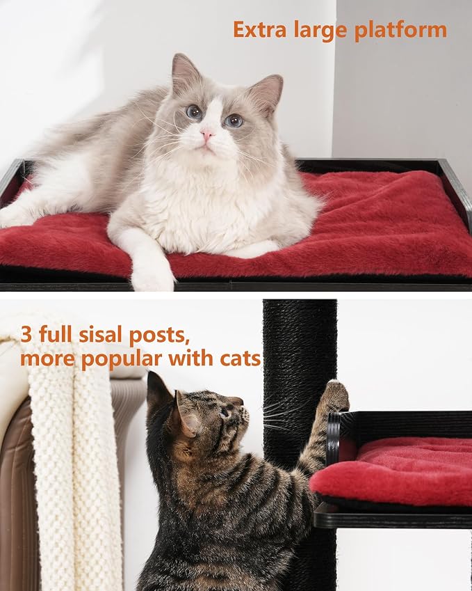 43.7" Modern Cat Tree, Cat Tower for Large Cats, Wood Cat Tree | Maine Coon Cat Tree, Cat Tower with Scratching Post, Large Perch and Removable Pads, Black&Red - Image 6