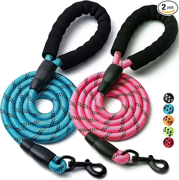 2 Pack Dog Leash, Heavy Duty Nylon Rope Pet Leashes(4FT-1/2,Blue/Pink) | Comfortable Padded Handle, Anti-tangle Swivel Clip, Reflective for Night Walks and Training, Climbing Rope for Strong Pullers by BOOMIBOO