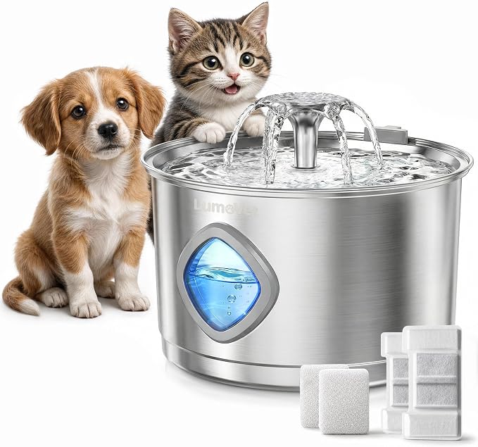 Cat Water Fountain Stainless Steel, 2.8L Quiet Dog Water Fountain | Automatic Quiet Pet Drinking Fountain, Water Level Window, 2 Filters & 2 Sponges - Gift for Small Animals like Dog & Kitty by Unknown