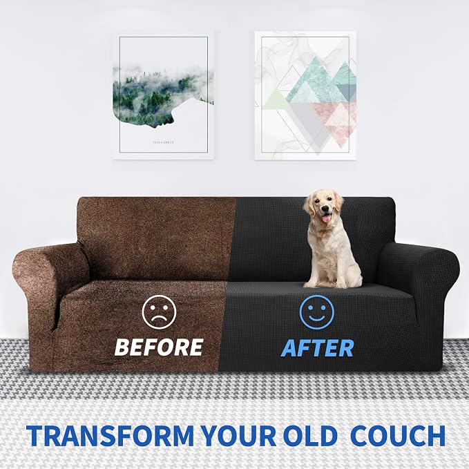 MAXIJIN Super Stretch Couch Cover for 3 Cushion Couch, 1-Piece Universal Sofa Covers Living Room Jacquard Spandex Furniture Protector Dogs Pet Friendly Fitted (Extra Large, Black) - Image 4