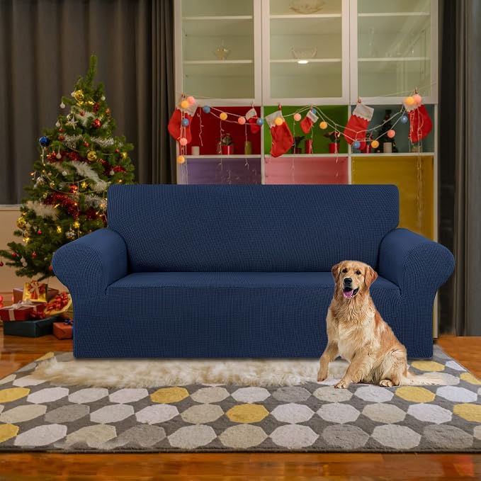 KEKUOU Stretch Loveseat Couch Cover, 2 Cushion Couch Slipcover,Navy Blue | 1-Piece Washable Sofa Cover Pet Friendly (55"-78") Furniture Protector Soft Jacquard, Elastic Bottom for Dogs & Kids - Image 2