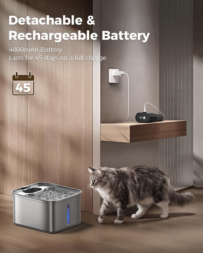 Wireless Cat Water Fountain, 108oz/3L Pump-Free Ultra-Quiet Pet Water Dispenser, Stainless Steel with Multi-Layer Filtration, 3 Smart Modes & Motion Sensor,Automatic Drinking Fountain for Cats Dogs - Image 5