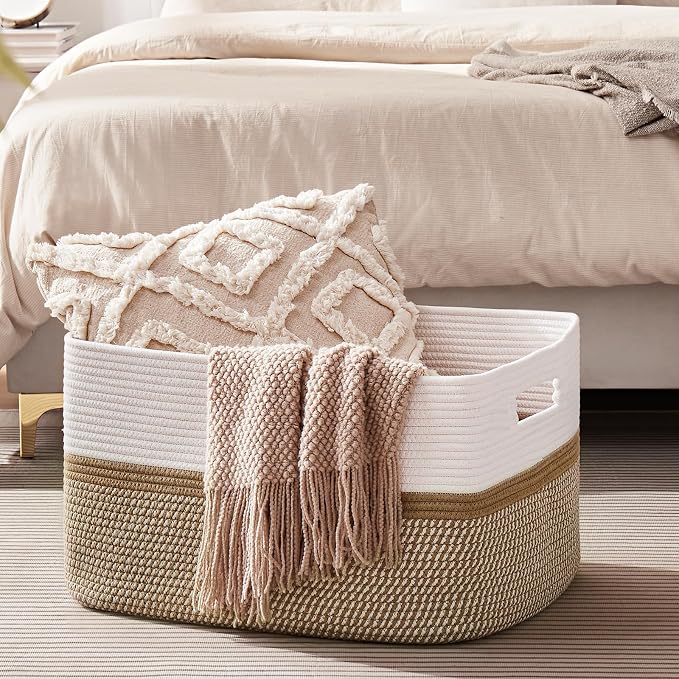 OIAHOMY Blanket Basket Laundry Basket Dog Toy Basket 75L Yellow/White | Large Storage Basket,Baby Basket,Toy Storage,Woven Rope Basket for Blankets,Blanket Storage for Living Room - Image 6
