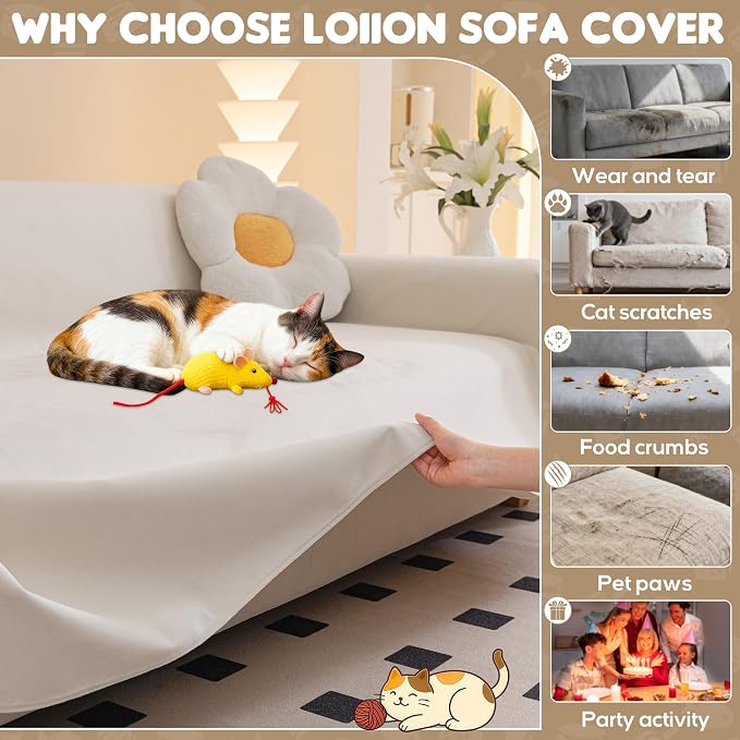 Loiion Cat Scratch Couch Cover Waterproof Sofa Cover 118"x71" Beige | Pet-Friendly Couch Protector, Anti-Scratch & Non Slip Sofa Cover For Cats Dogs Kids, Machine Washable - Image 5