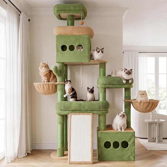 Heybly Cat Tree 72.4-Inch Anti-Tip Cat Tower with Spacious Perches HCT060GY | All-in-One Cat Furniture for Large Cats, Multiple Interactive Areas, Extra-Large Sisal Scratching Board, Green and Yellow - Image 9