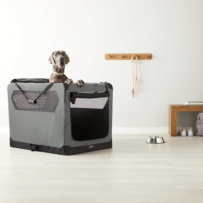 Amazon Basics Portable Foldable Soft Pet Dog Crate Carrier Kennel with Mesh Windows, Ventilation, Pockets for Large Dogs, 42 x 31 x 31 inches, Grey - Image 5