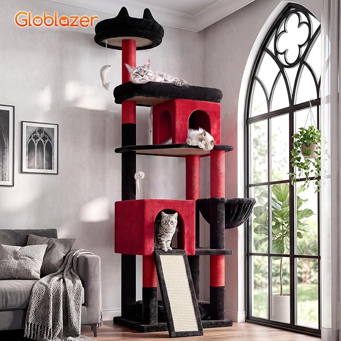 Globlazer Heavy Duty Gothic Cat Tree, 72in Large Cat Tower with Coffin Bed, Sturdy Maine Coon Cat Tree for Large Cats 20 lbs+, Medieval Castle Style with 6 Scratching Posts & Hammock, S72, Black & Red - Image 8