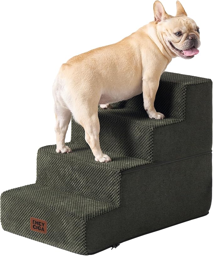 EHEYCIGA Dog Stairs for Bed 18" H, 4-Step Extra Wide Dog Steps for High Bed, Pet Steps for Small Dogs and Cats, Non-Slip Balanced Pet Ramp Indoor, Military Green by EHEYCIGA