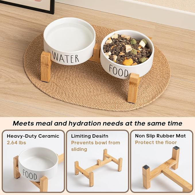 Elevated Ceramic Dog Bowls Set - Food & Water Lettering Raised Dog Bowl with Non-Slip Bamboo Stand for Cats and Small Dogs, Weighted Dogs Dishes Pet Bowls (5.1 inch, 2 * 16oz, White) - Image 5