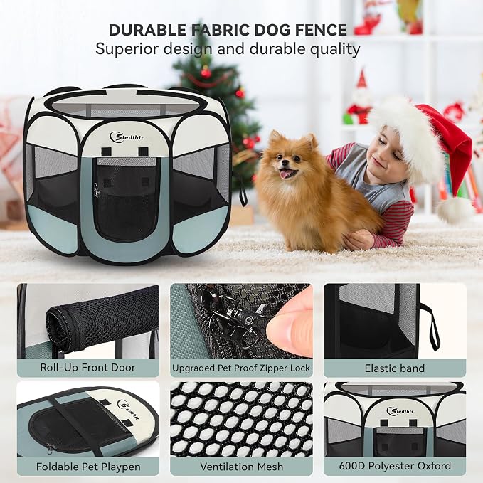 Siedihit Dog Playpen, Puppy Pet Playpen, Medium Dogs Tent Crates Cage Indoor/Outdoor, Portable Pop Up Dog Kennel Playpen with Carrying Case for Dogs/Cats/Rabbits, Removable Zipper Top, Grey - Image 6