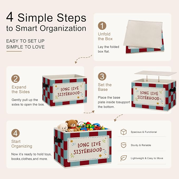 Girls Room Storage Bins Box, Sister Friendship Collapsible Organizer Basket | sweet sister themed storage box basket for books clothes, retro checkerboard organizer for nursery bedroom playroom, 10x14 in - Image 7