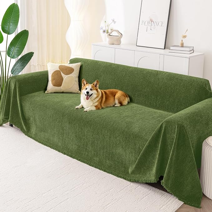Smiry Couch Cover for Dogs, Chenille Sofa Covers for 3 Cushion Couch | Washable Soft Sofa Slipcover for Pets, Thick Sectional Furniture Protector with Tassels (Green, 71x150 Inch) by Smiry