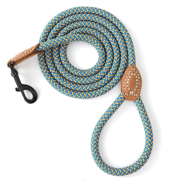 Mile High Life Dog Leash with Genuine Leather-Wrapped Ends, 4/5/6FT | Tangle-Free 360° Swivel Clasp Heavy Duty Rope Leash | Small Medium Large Dogs | Daily Walking (Peacock Blue, 48 Inch, 1/2") by MileHighLife