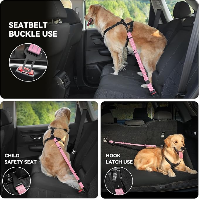 Pawaboo Dog Seat Belt Harness for Car, Seatbelt Harness with 2 in 1 Buckle | Adjustable Breathable Harness for Car, Elastic Reflective Heavy Duty Dog Tether, for Small Medium Large Pets, M, Pink - Image 4