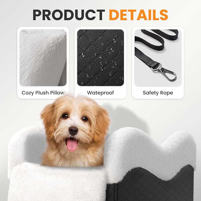 Center Console Dog Car Seat for Small Dogs Under 11lbs, White | Anti-Collapse, Safety Tether, Faux Rabbit Fur-Lined & PU Leather Cover, Washable Puppy Seat for SUV/Truck, Ideal for Travel - Image 6
